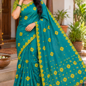 Peacock Blue Linen Cotton Saree with Lemon Yellow Bandhani Design With Zari Border