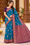 Party Wear Cotton Saree Turquoise Blue & Purple With Zari Weaving