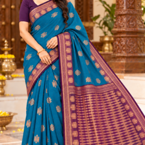 Party Wear Cotton Saree Turquoise Blue & Purple With Zari Weaving