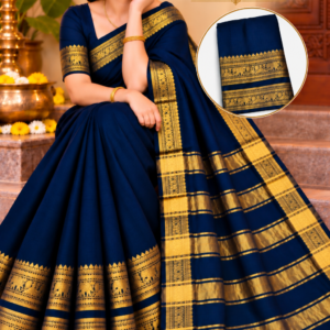 Kanchi Cool Cotton Saree in Royal Navy Blue with Golden Zari Border